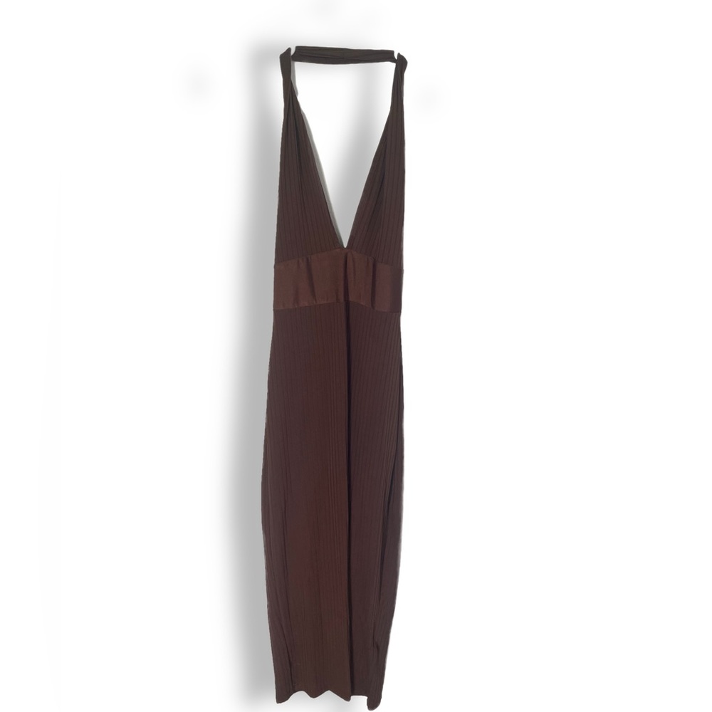 Sultry Brown Backless Dress with Deep Plunge - Size Medium